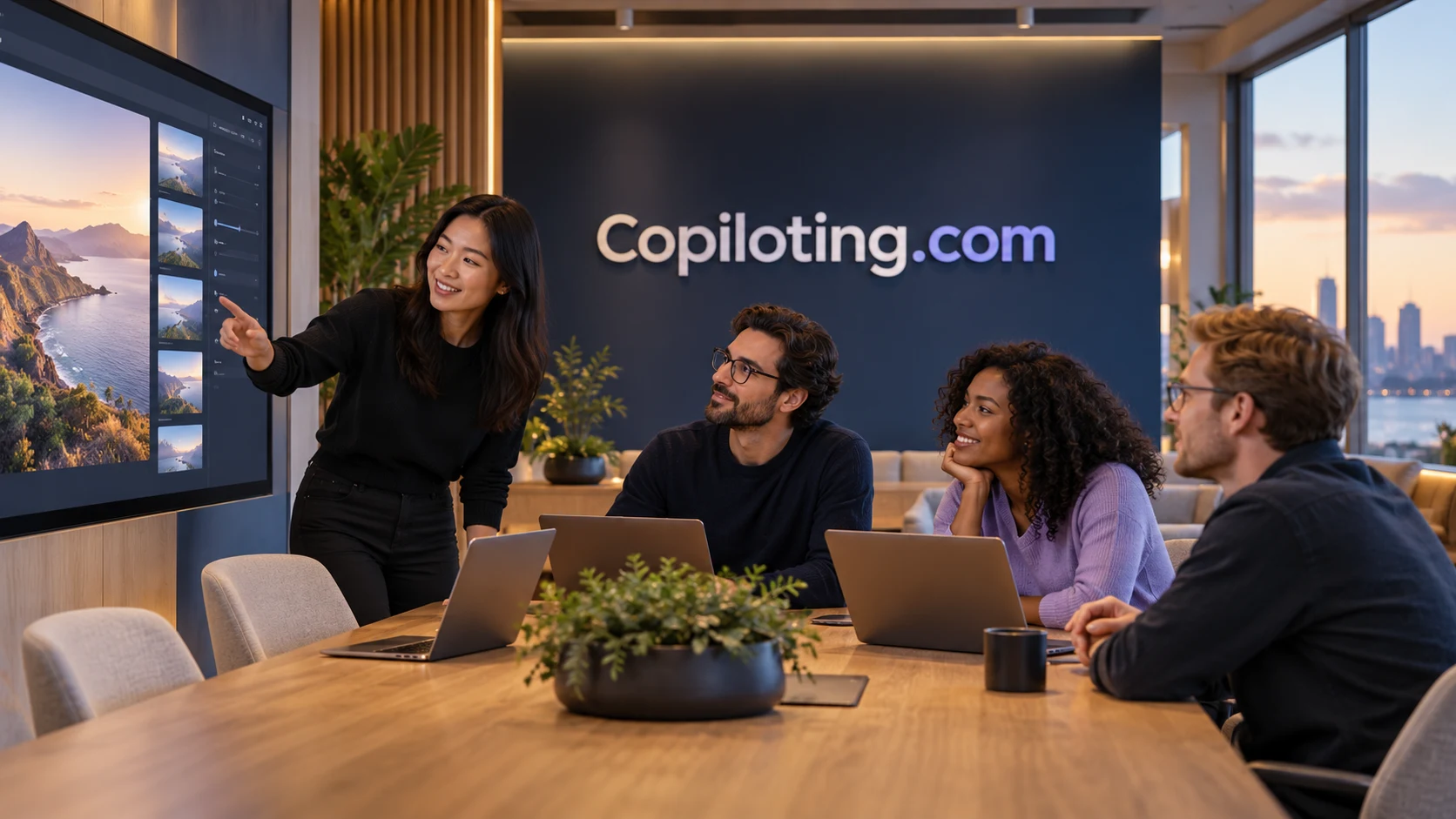Professionals discussing practical AI work in a collaborative studio