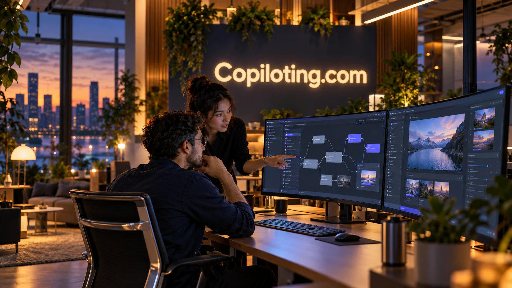 People reviewing AI-assisted work in a warm technology studio